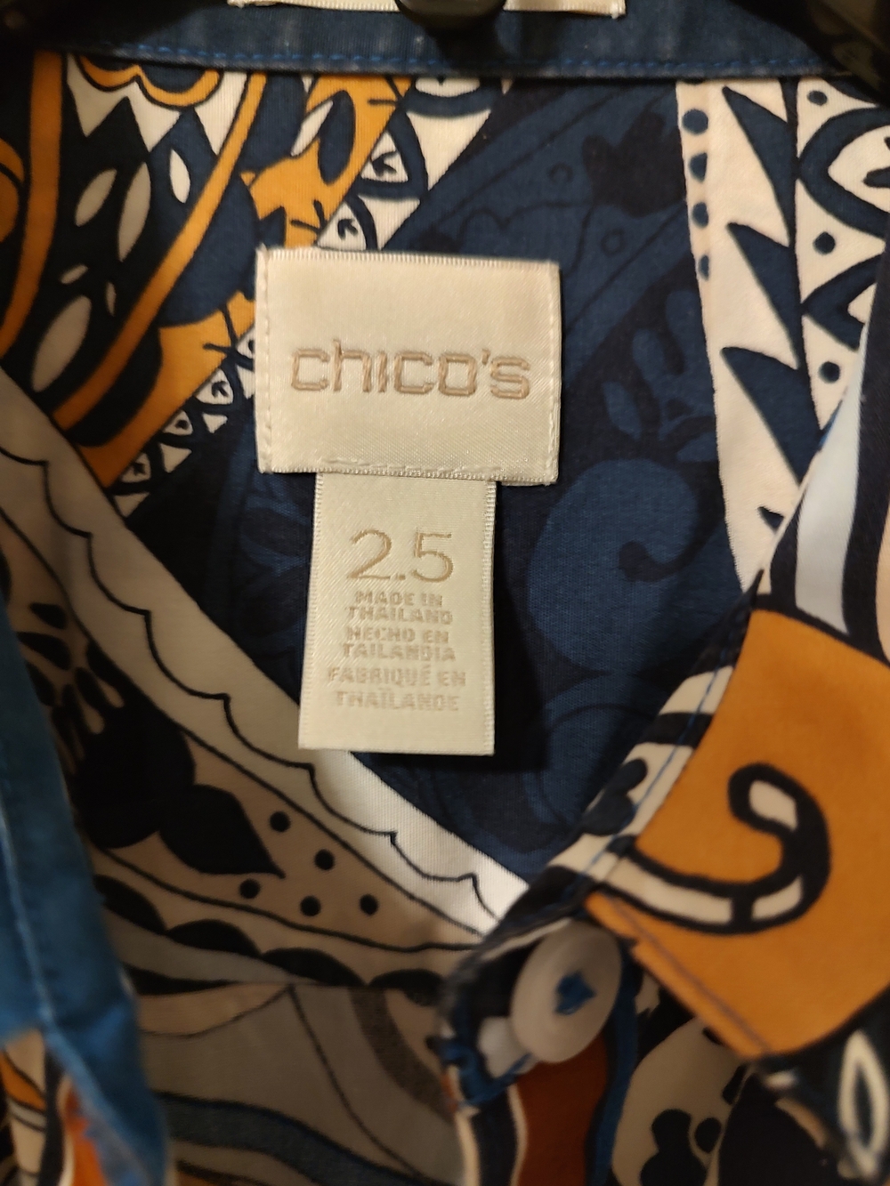 Chico's Navy and Mustard Printed Button-Down Shirt